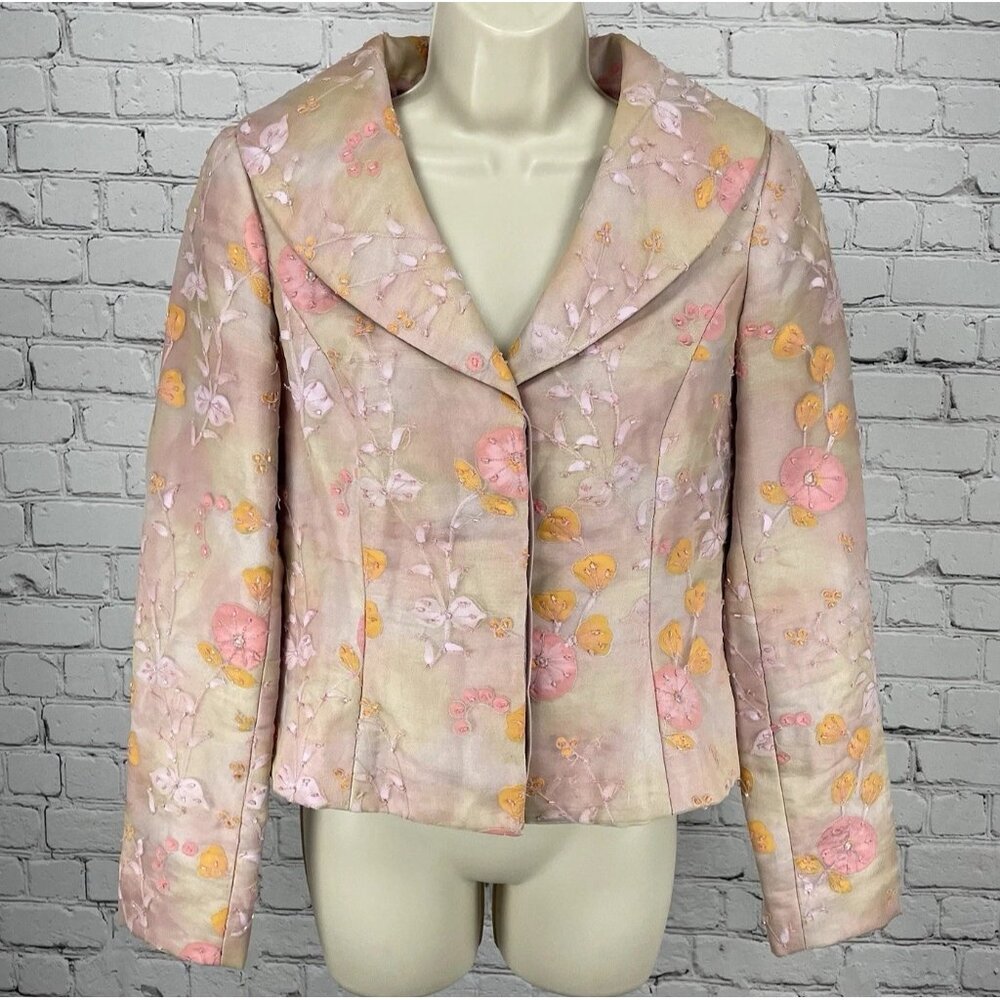 Shani Pink Pastel Floral Silk Chiffon Beaded Lined Button Blazer Jacket USA 6